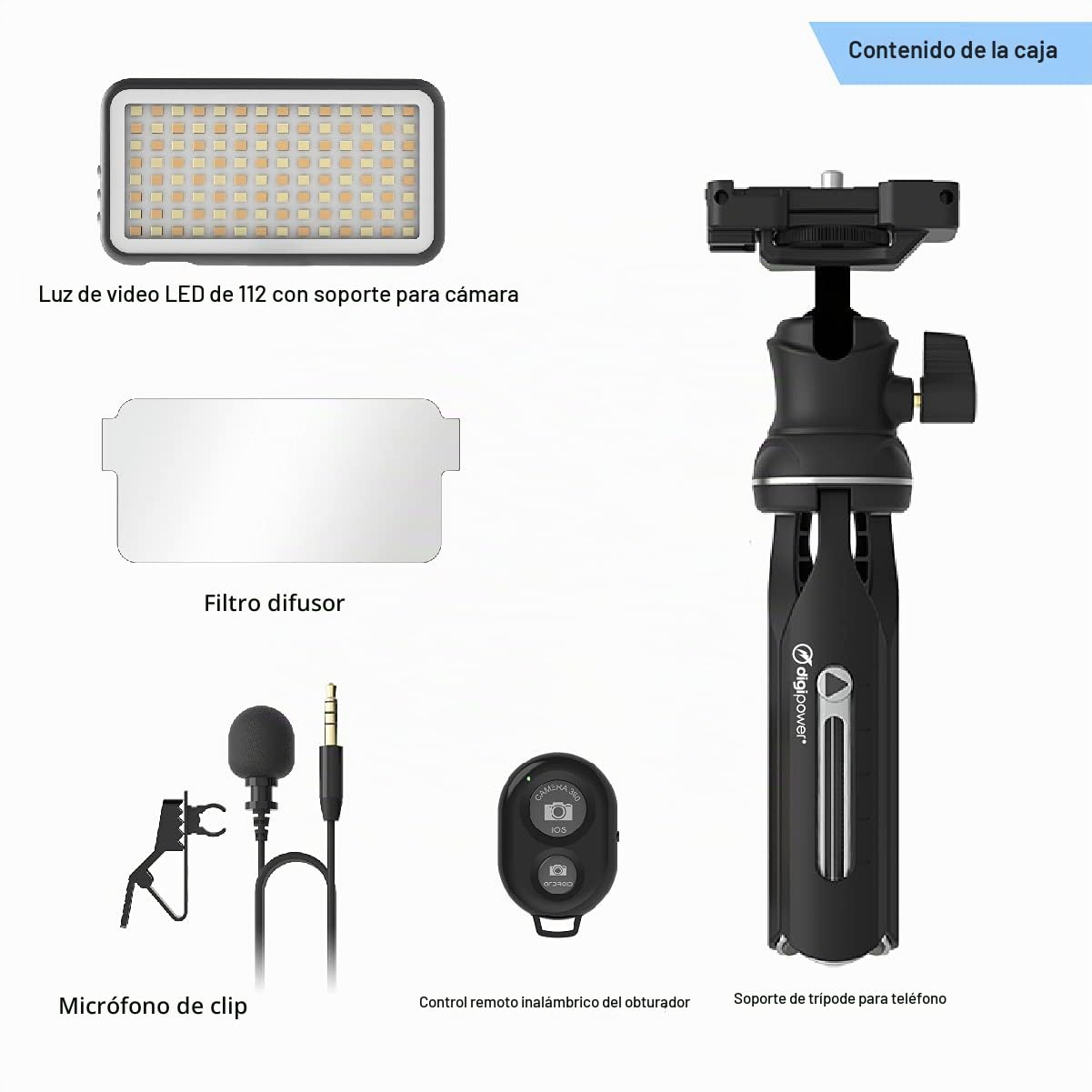 DigiPower The Instructor - Kit de vídeo Profesional (Incluye micrófono, luz LED, trípode y Soporte para teléfono)