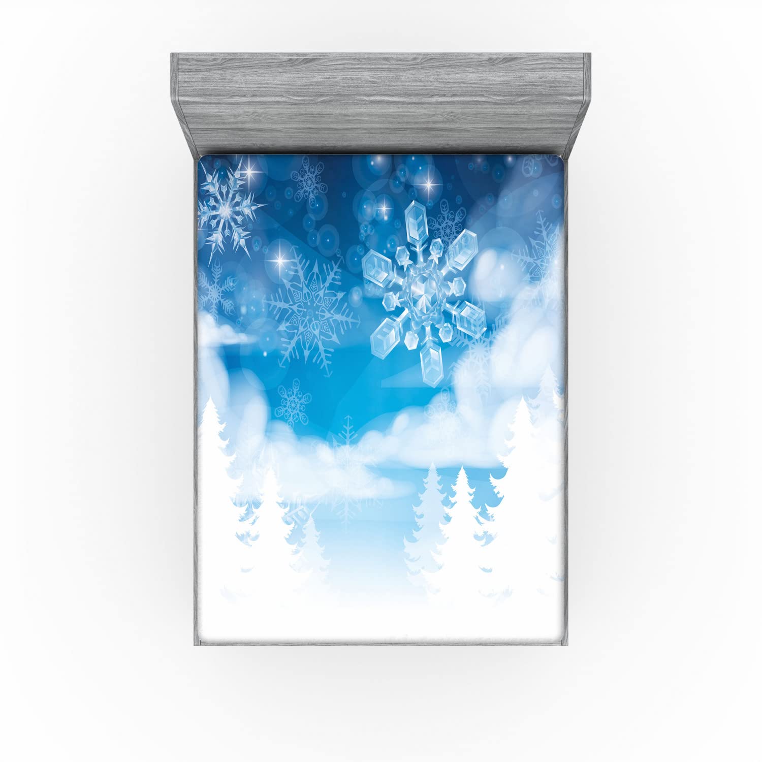 Ambesonne Winter 2 Pack Fitted Sheet, Snowflakes and Stars, Bed Cover All-Round Elastic Deep Pockets 2 Pieces, Package Contains 2 Full Size Fitted Sheets, Dark Ice Blue