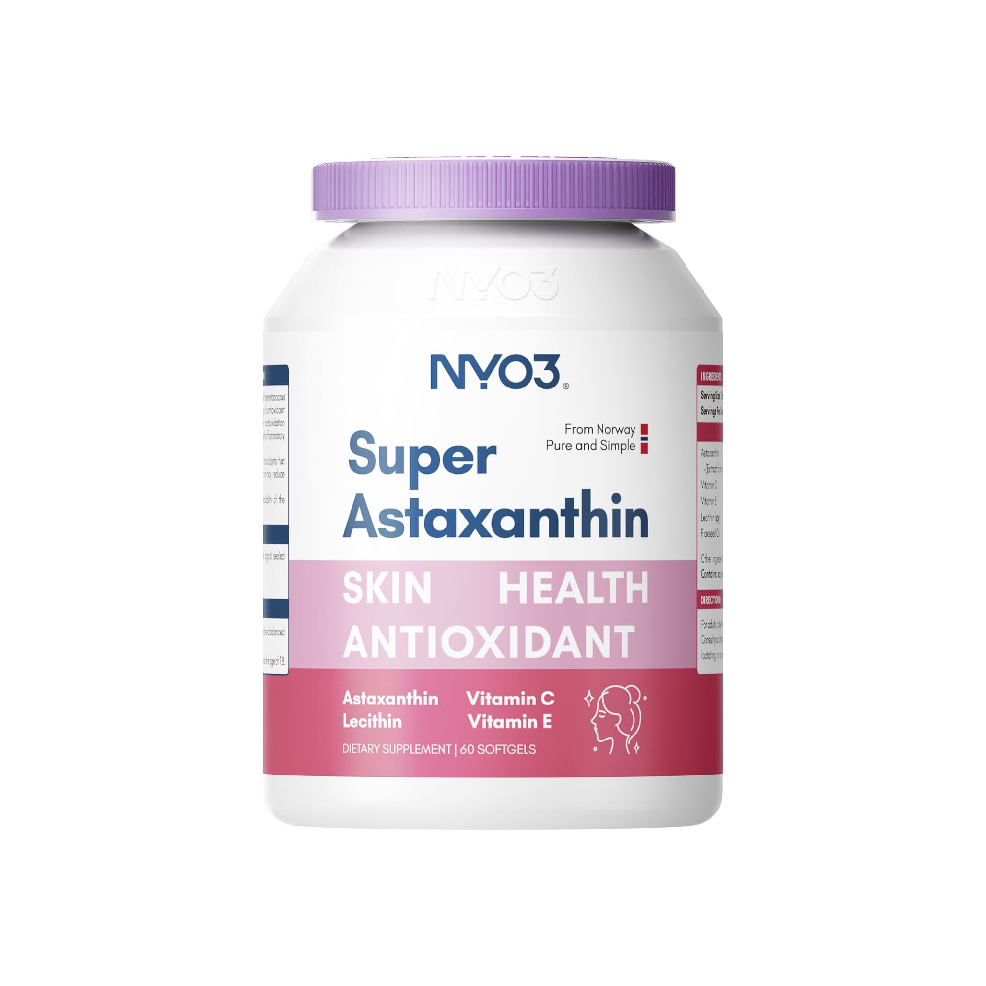 NYO3 Astaxanthine 12mg, compléments alimentaires antioxydants premium avec vitamines C et E, lécithine et huile de lin, 60 gélules molles, source fraîche de microalgues