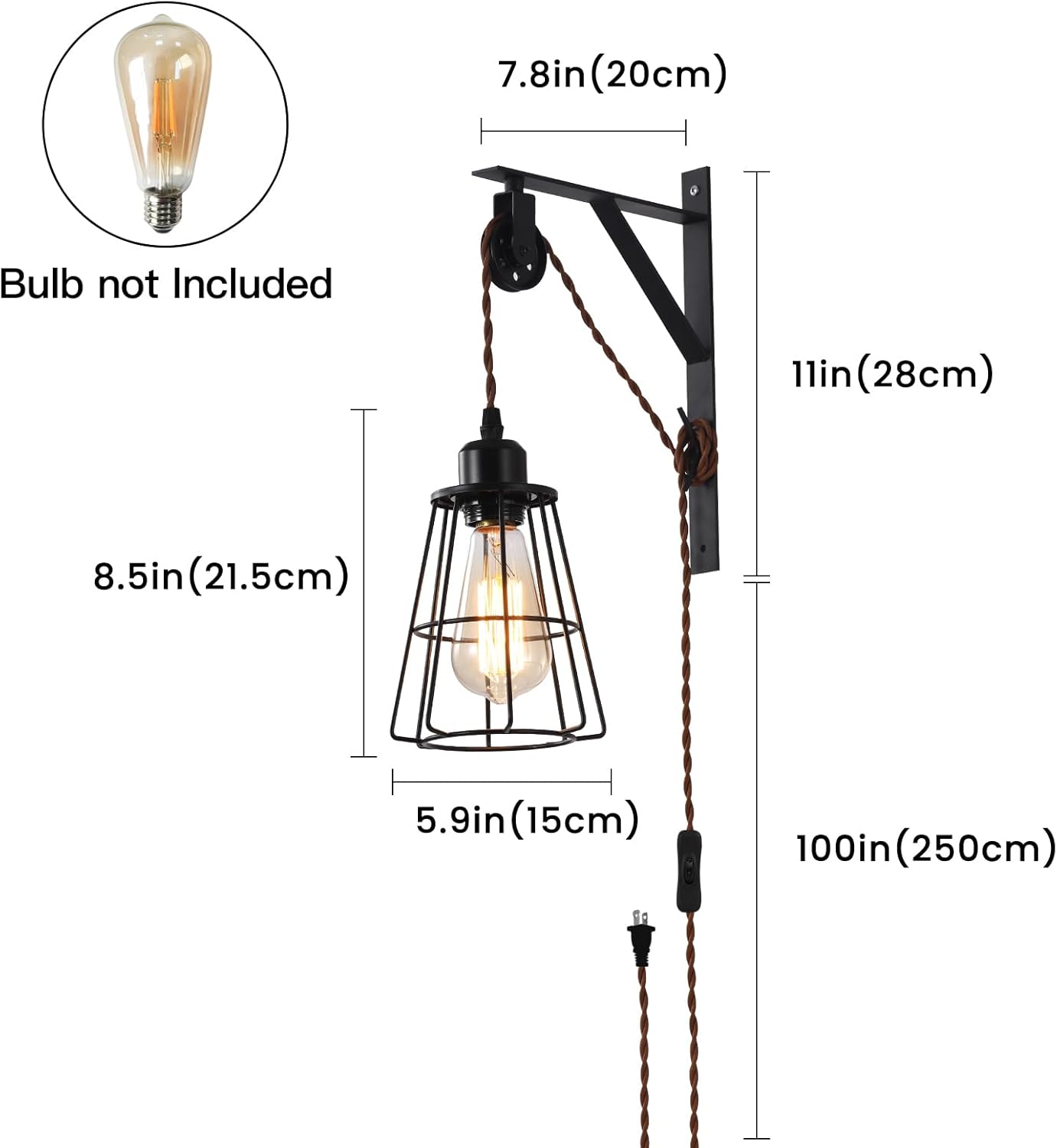 SEEBLEN Industrial Rustic Cage Wall Lamp Bracket Pulley Lights Fixture, Farmhouse Pendant Lamp Adjustable Hanging with Plug in Cord - Retro Wall Sconce for Indoor Living Room Restaurant (1-Pack)