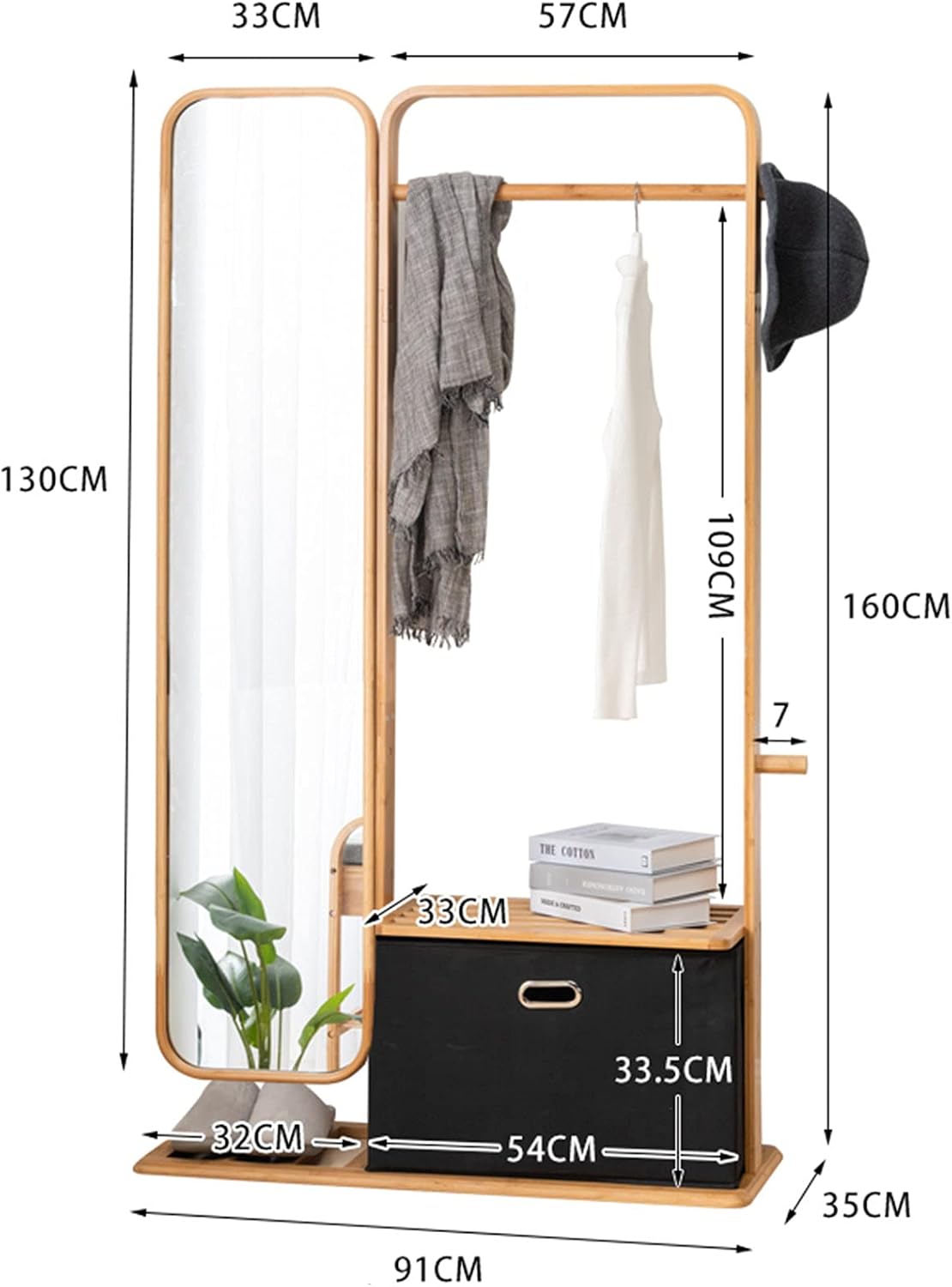 Full-Body Mirror Full-Length Mirror Floor Mirror Storage Fitting Mirror Household Mirror Bamboo Coat Rack Mirror One