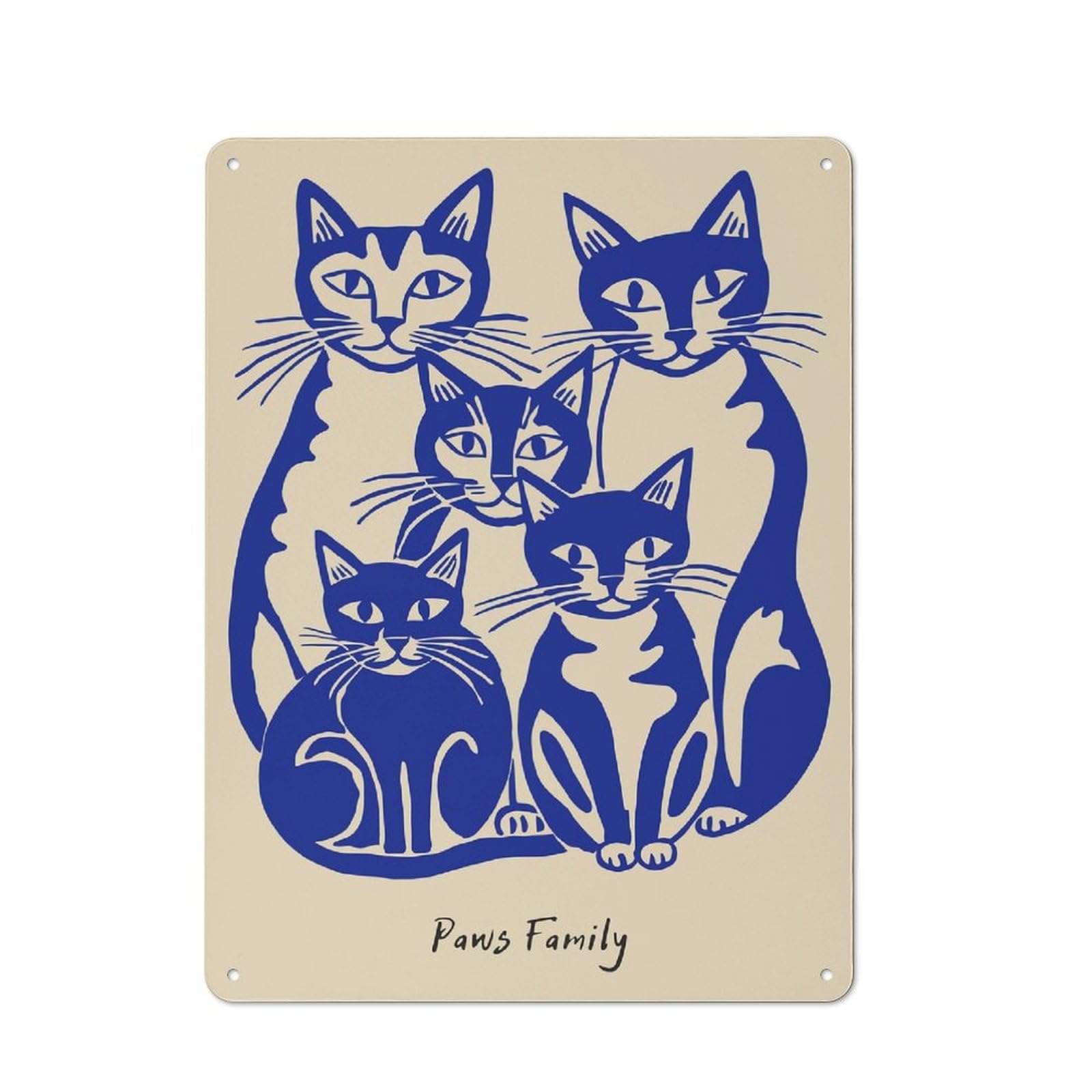 Junmoney Style-19 40X30cm Retro Tin Sign With Blue Cat Family Illustration For Lounge Or Reading Corner, A Decorative Metal Sign For Lounges And Reading Corners