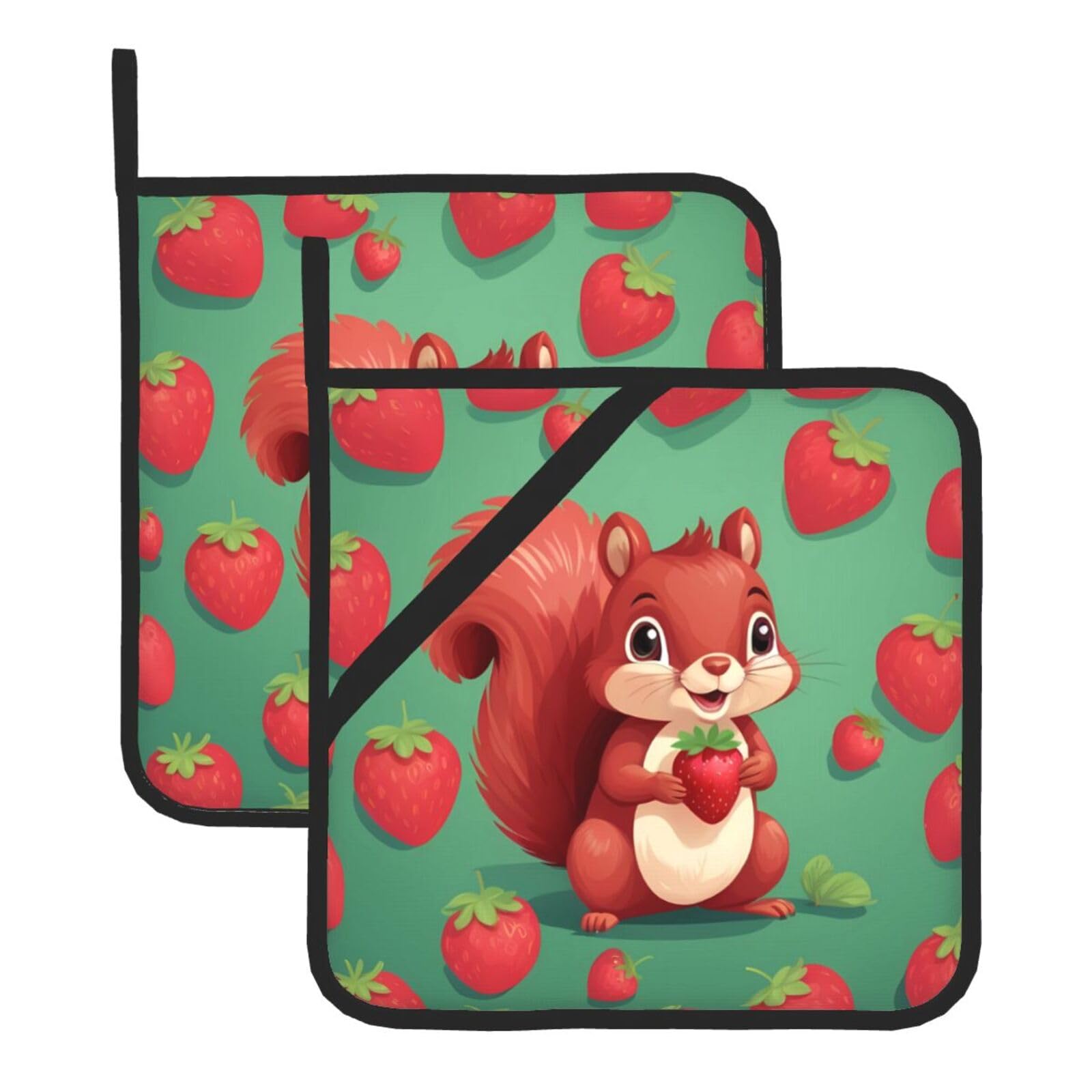 HJFCZH Squirrel in A Strawberry Printed Square Insulated Pot Mat Set (2-Piece) 8x8in Waterproof, Thickened & Easy to Clean with Lanyard Design for Kitchen, Oven & BBQ