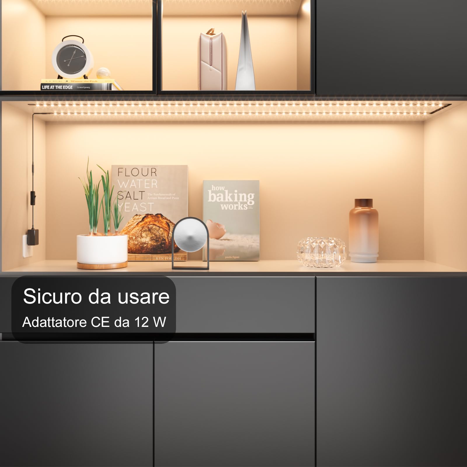 WOBANE Striscia Led Cucina Sottopensile 2 metri, 4X50cm Strisce Led Adesiva per Cucina con Interruttore e Spina, 1200LM Illuminazione Sotto Pensile per Vetrine,Scrivania,TV,Bianco Naturale 4000K,Nero