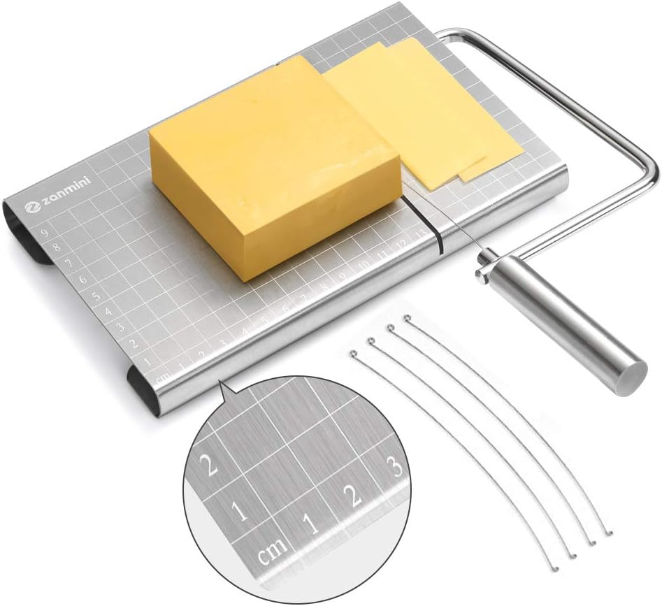 Zanmini Cheese Slicer, Stainless Steel Cheese Wire Cutter with Accurate Size Scale,4 Replaceable Cheese Wire,Cheese Slicers with Serving Board for Semi Hard Cheese Butter,9.53x9.21x0.79 inches(Silver)