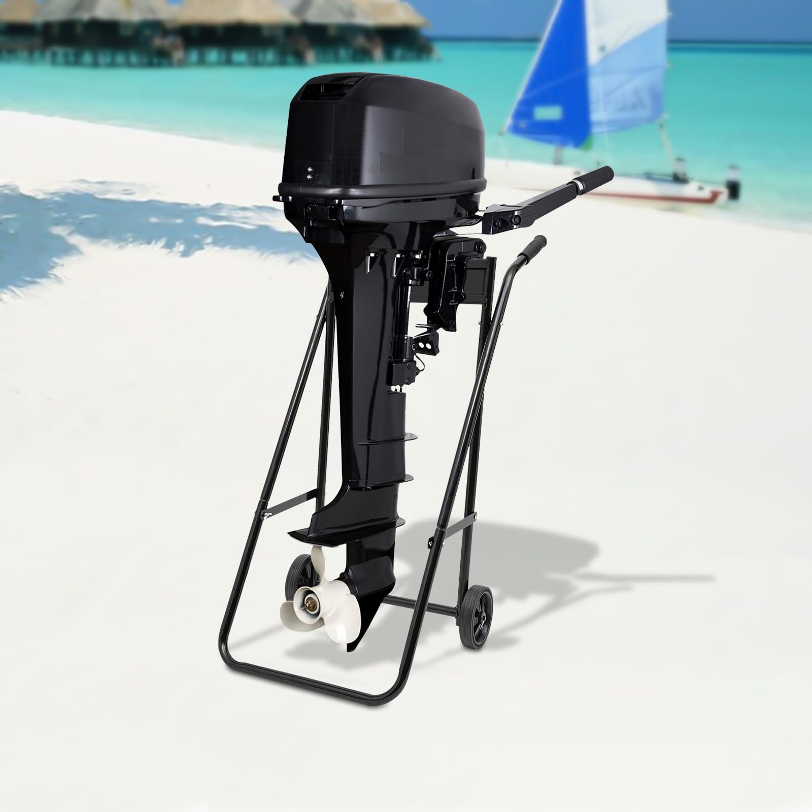 Carrello pieghevole per motore fuoribordo – 40 kg, supporto pieghevole con ruote in gomma e manico antiscivolo, motore per barca, in acciaio nero freddo, per stoccaggio e trasporto del motore