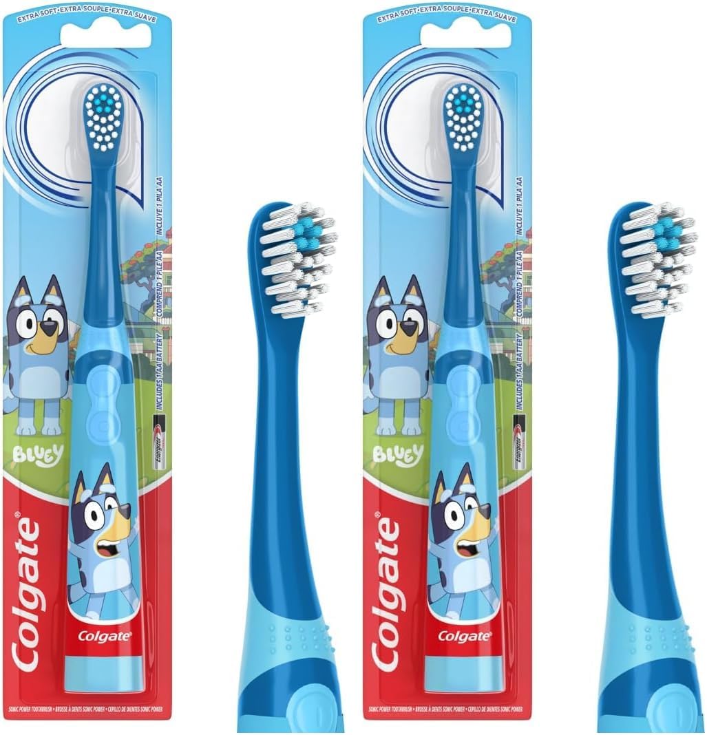 Colgate Kids Battery Powered Toothbrush | Extra Soft Bristles | Flat-Laying Handle | Bluey | 2 Pack