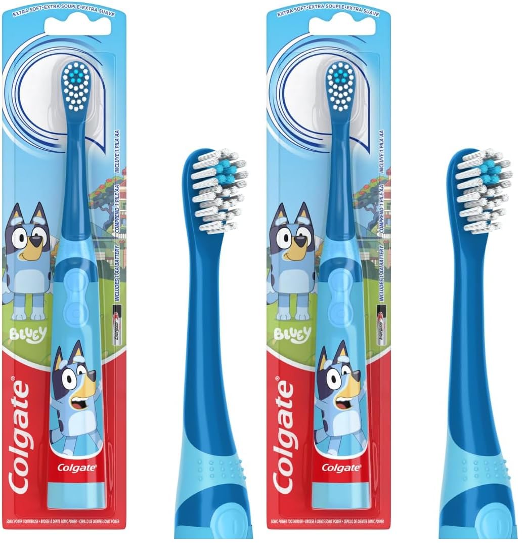 Cepillo de dientes con batería para niños Colgate | Cerdas extra suaves | Mango plano | Azulado | Paquete de 2