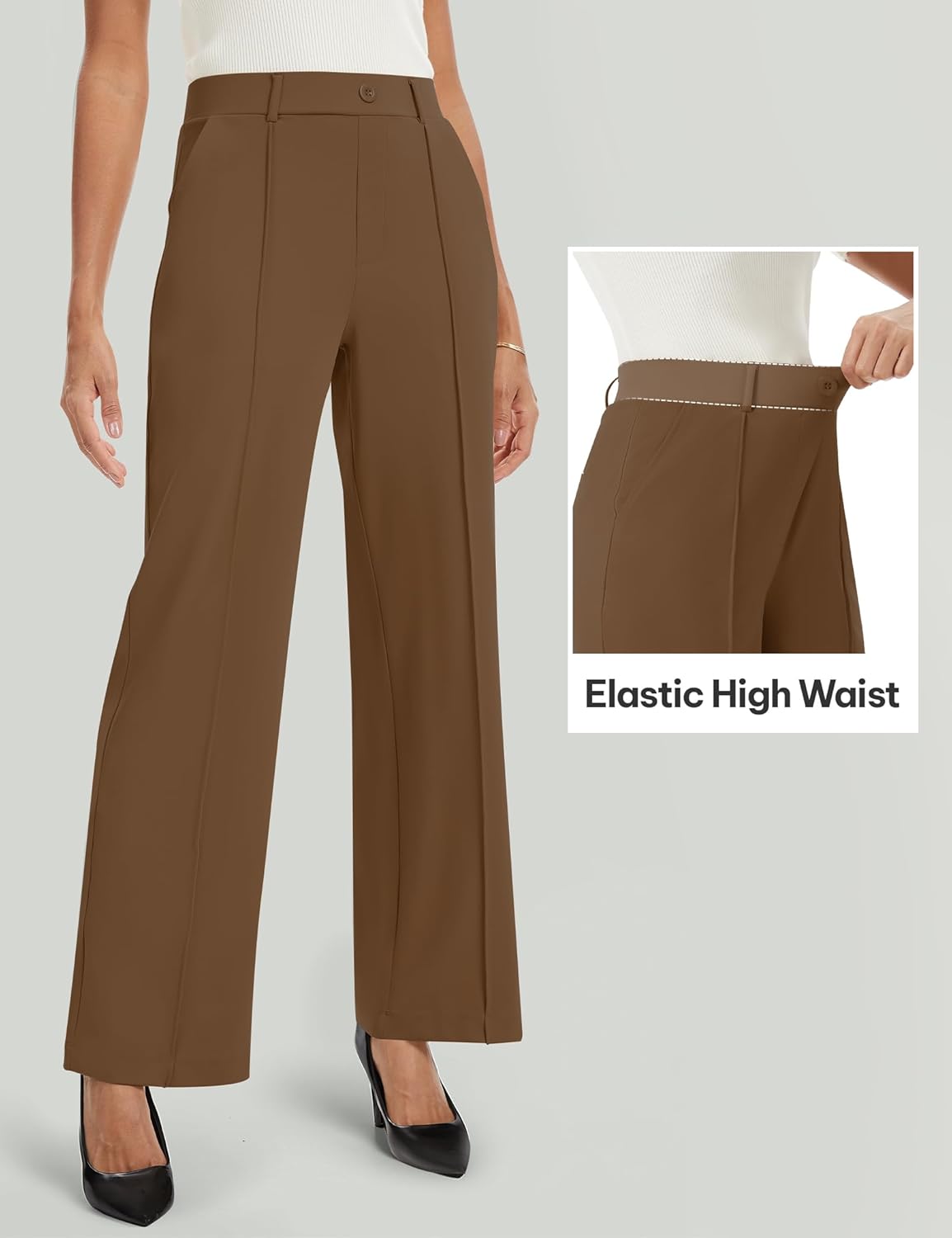 AVAMO Wide Leg Dress Pants for Women Pull On Stretchy Work Pants with Pockets High Elastic Waist Office Business Coffee - Image 3
