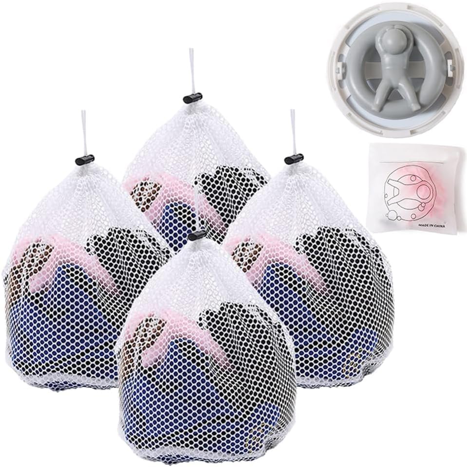 Mollyfox 4 redes de lavandería+1 bolsa de filtro (con 20 bolsas de filtro intercambiables), bolsas de lavandería para lavadora con tope de cordón, reutilizables, grandes bolsas de malla para