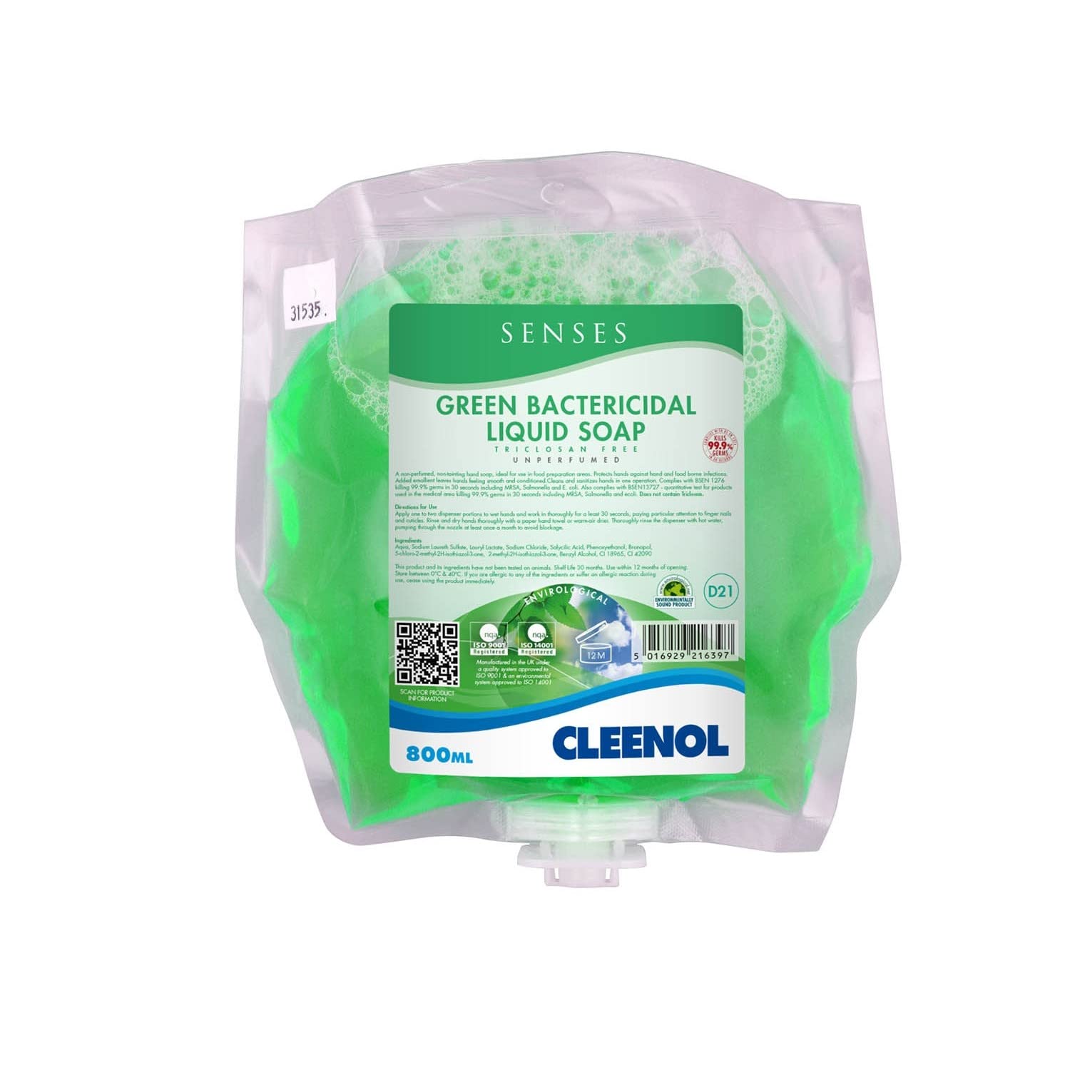 Cleenol Green 073384 Senses Bactericidal Envirological Liquid Soap, 800Ml, Pack Of 3