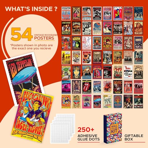 Image of CodersParadise Rock Band Wall Collage Kit - Aesthetic 4x6 Inch Music Posters for Bedroom, Dorm, Office & Living Room Decor | Vintage Cardstock Wall Art Prints with Glue Dots Included (Pack of 54)