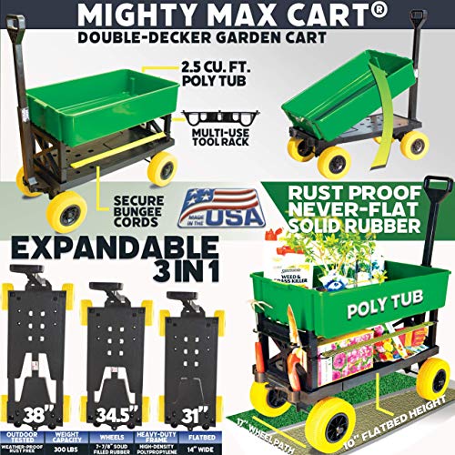 Mighty Max Cart - Adjustable Length Utility Wagon - Includes Tub & Interchangeable Accessories - Compact Easy Storage Pull Cart - All Terrain Wheels (Multi-Purpose Green on Yellow)