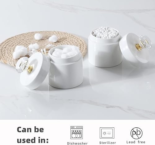 Miniatura 10 de ONTUBE Organizador de hisopos de algodón de porcelana con tapa de cristal y fácil de limpiar, color blanco (tapa plateada, juego de 1)