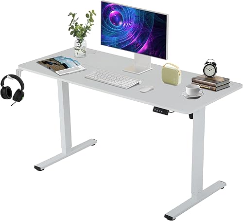 Escritorio de pie, escritorio ajustable de 55 x 28 pulgadas, altura ajustable con gran espacio y soporte para auriculares, escritorio de pie con