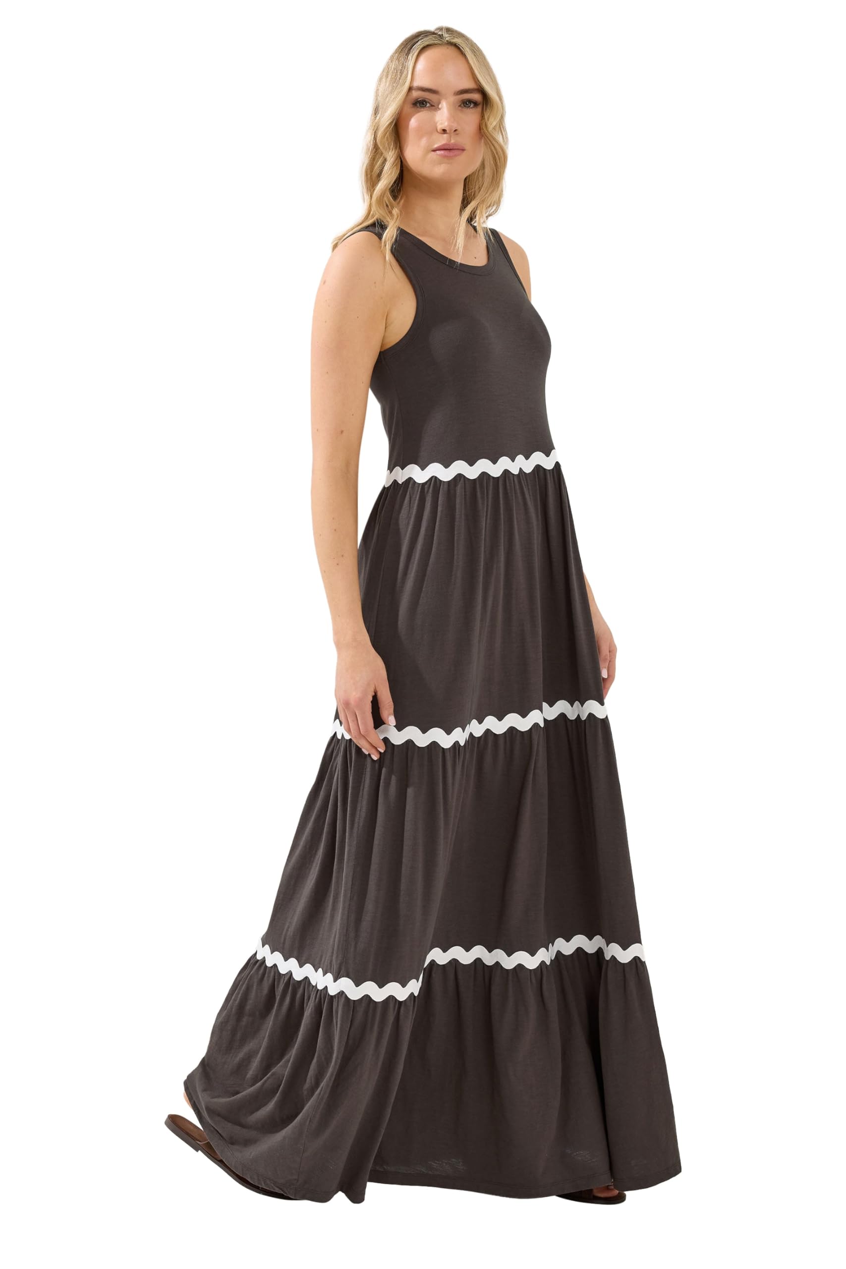 Lts Women's Brown Tall Chocolate Contrast Swirl Tiered Cotton Maxi Dress Size 14