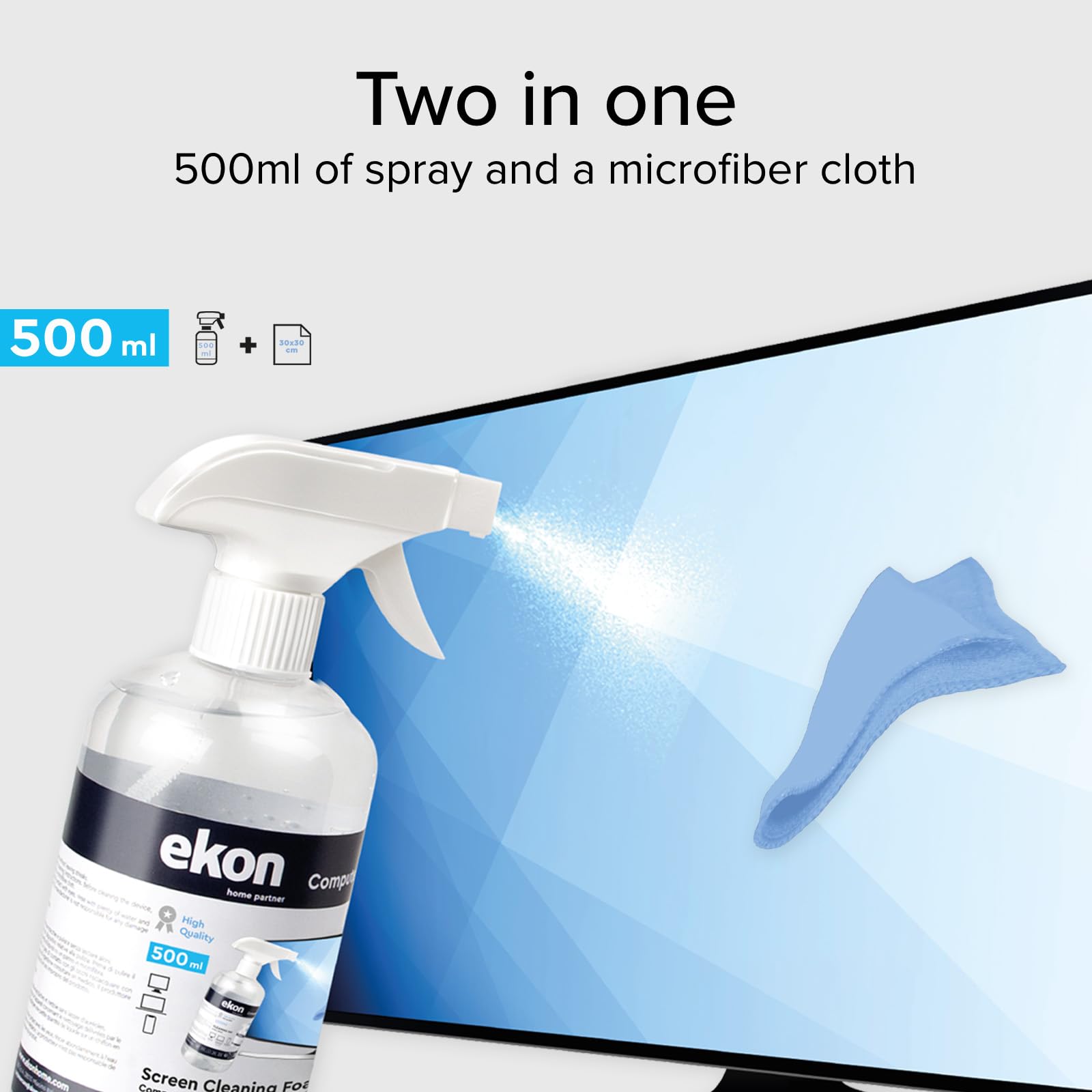 Ekon Bildschirmspray mit Mikrofasertuch, 500ml, Reinigungsset für Monitore, Laptops, Kameras, Camcorder, MacBooks, TVs, Smart TVs, Smartphones, Tablets