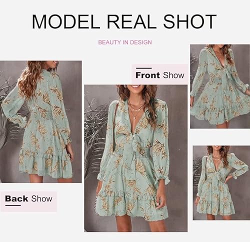 Dokotoo Womens Casual Spring Summer Sexy V Neck Ruffle Elegant Long Sleeve Empire Waist Tie Knot Cute Chiffon Boho Beach Tunic Swing A Line Flowy Mini Short Skater Dresses For Women 2023 Green Xl #TOP3