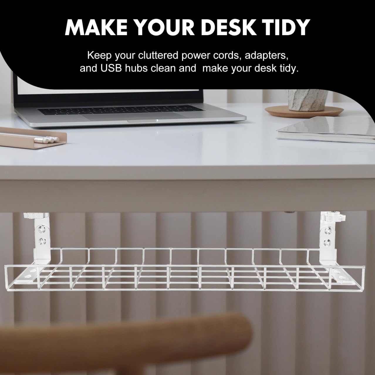 Acier Blanc Range-câbles Support Réglable, sous Bureau pour Bureau