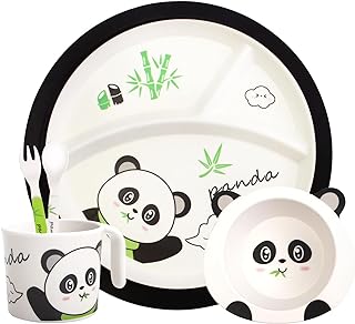 Bamboo Toddler Dinnerware Set,5Pcs Baby Plates and Bowls,Kids Dinnerware Set,Bamboo Kids Plates and Bowls Set,Christmas Kids Dishes Dinnerware Sets with Plate,Bowl,Cup,Fork and Spoon (Panda)