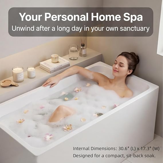 43 Acrylic Freestanding Bathtub Contemporary Free Standing Tub Spacious Rectangle Soaking Bath Tub with Chrome Overflow & Pop-Up Drain, Gloss White