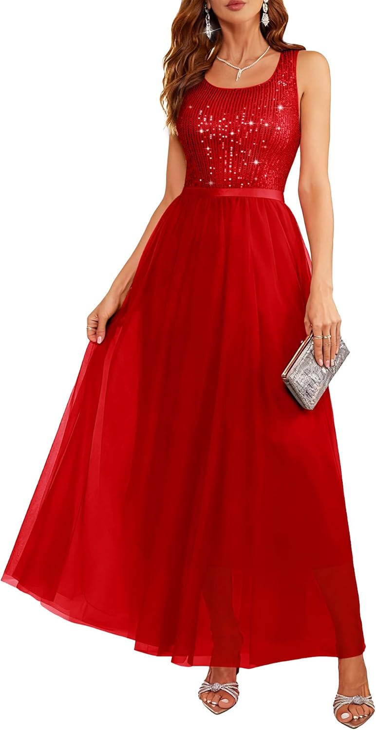 BeryLove Sequin Dress for Woman Vintage A Line Wedding Formal Swing Mesh Dress Sleeveless Cocktail Maxi Gowns