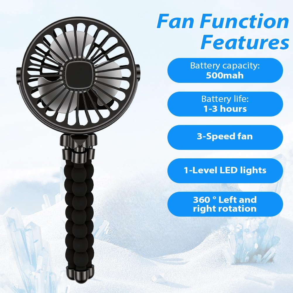 Vicloon Mini Ventilateur Portable pour Poussette, Petit Ventilateur à Pince Rechargeable 500mAh, Trépied Flexible à 3 Vitesses, Veilleuse LED, Ventilateur de Bureau Portable pour Siège Auto, Berceau