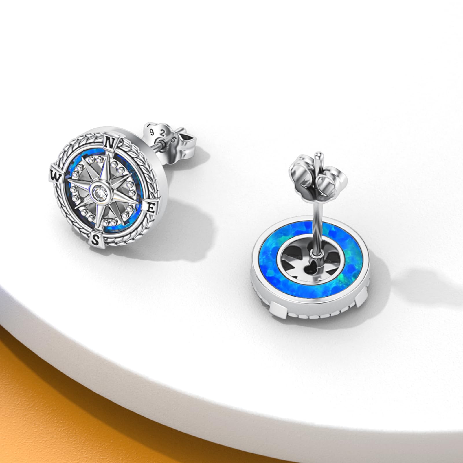 Kompass Ohrstecker 925 Sterling Silber Blauer Opal