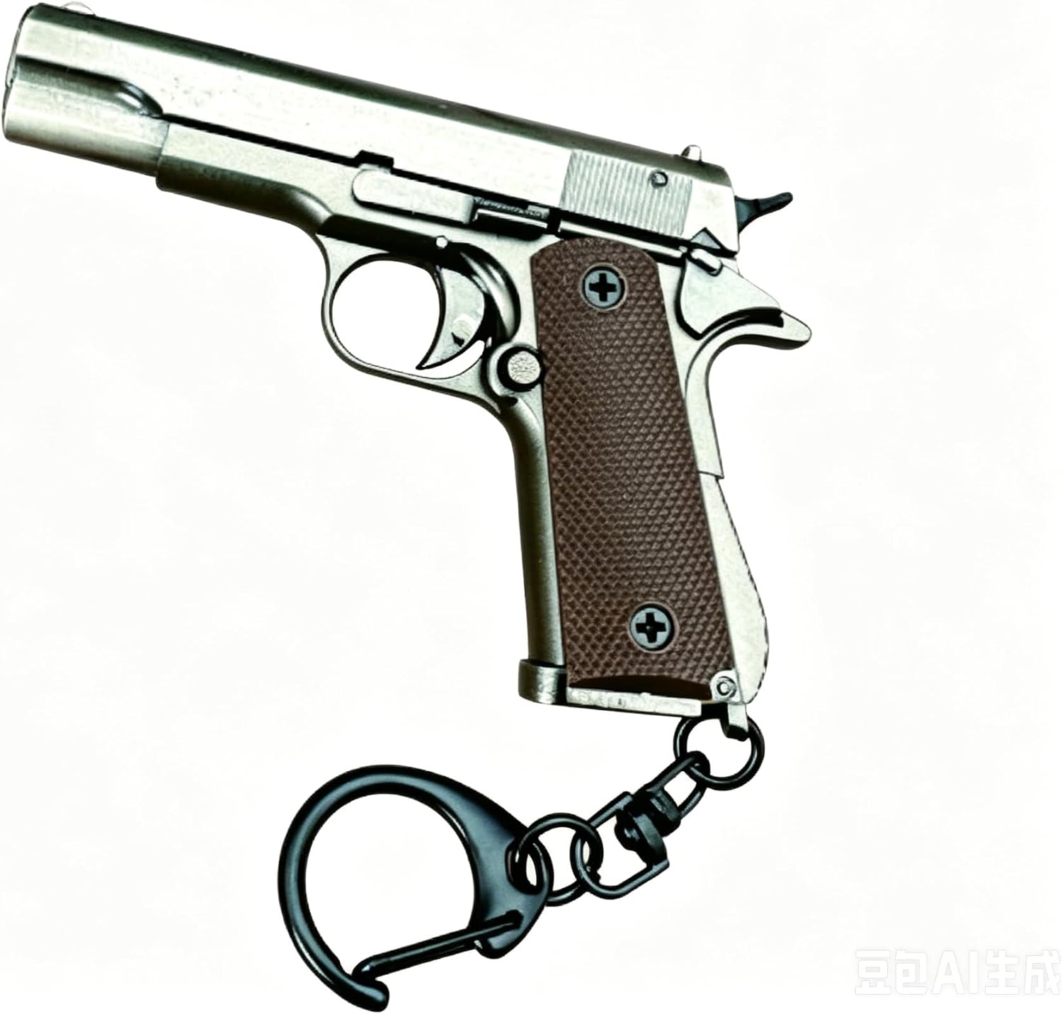 Miniature 1911 Pistol Keychain, Metal, Silver and Brown,1:3 Scale, Carabiner Clip, Collectible Mini Gun Model