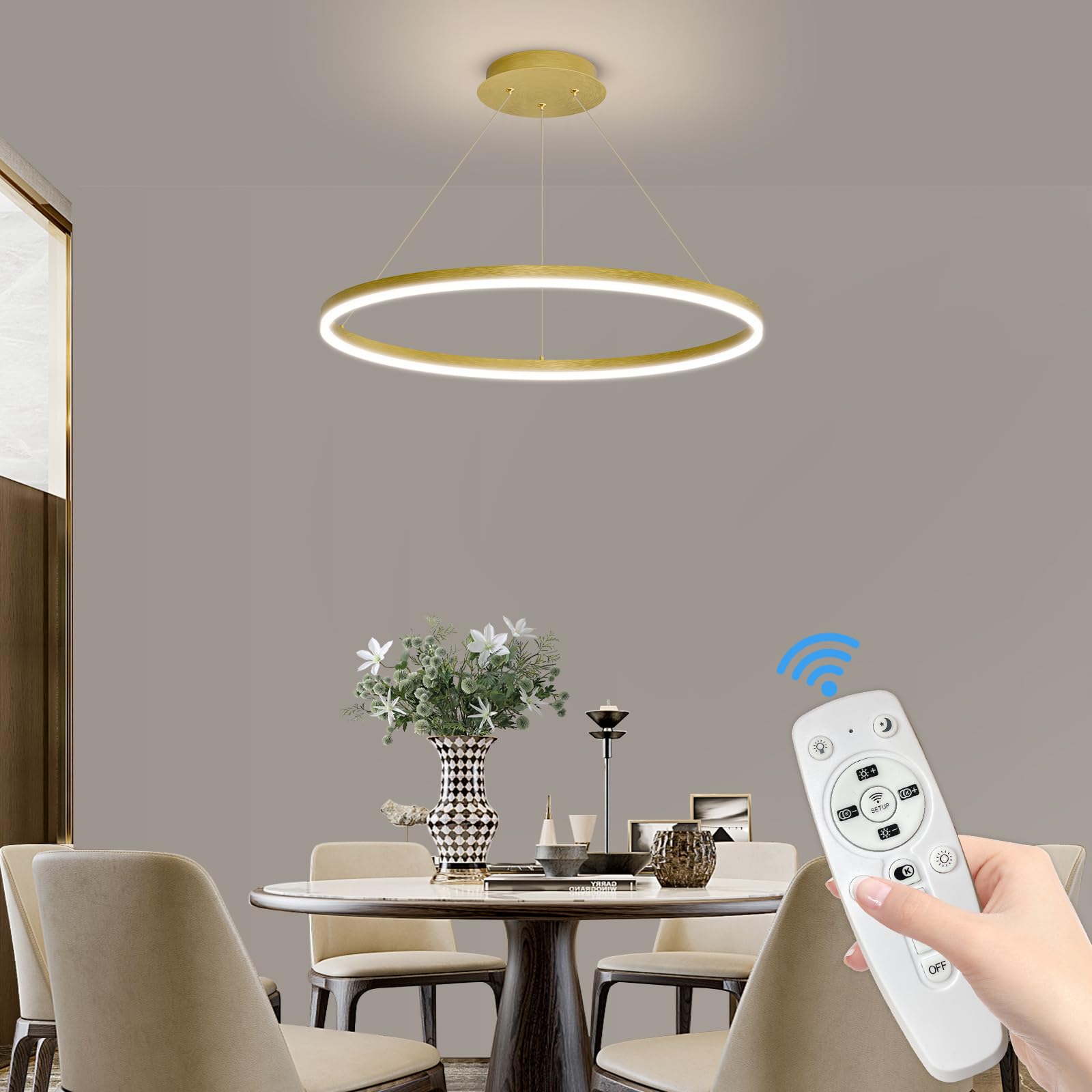 Mikeru Lampadario LED Oro 40cm, Lampada Sospensione Lineare 3000k/4500k/6500k Telecomando dal 10% al 100% Lampadario LED Soffitto Moderno Nero con Funzione di Memoria per Camere da Letto