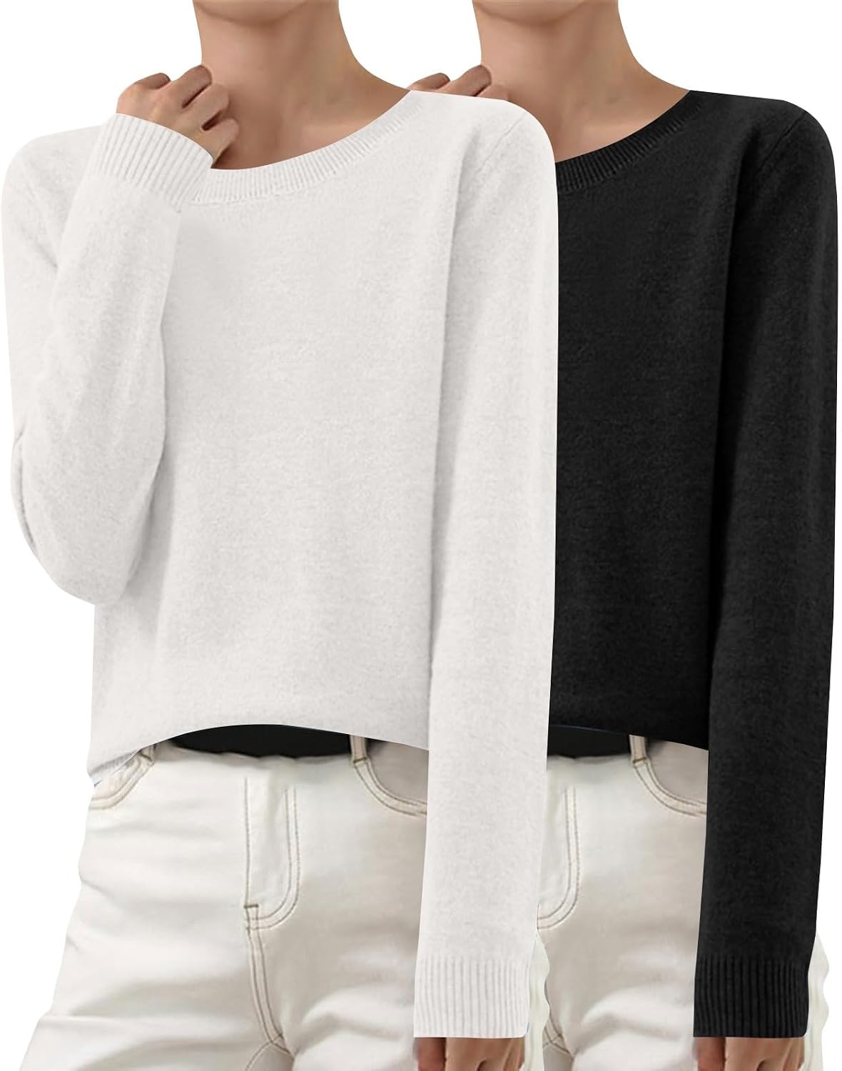 Women Crewneck Knit Jumper,Long Sleeve,Lightweight 2‑Pack Cashmere Sweater image 4