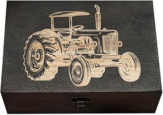 Vintage Tractor Laser-Engraved Wooden Box, Detailed Drawing with Engine and Exhaust, Perfect Gift for Farmers or Collectors, Unique Handcrafted Keepsake.