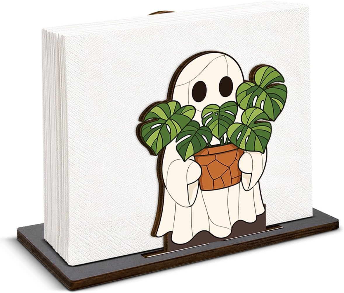 Fall Halloween Decor Ghost Wooden Napkin Holder for Table Spooky Ghost Plant Wood Napkin Dispenser Halloween Decorations for Home Kitchen Dining Room Napkins Tissue Holder