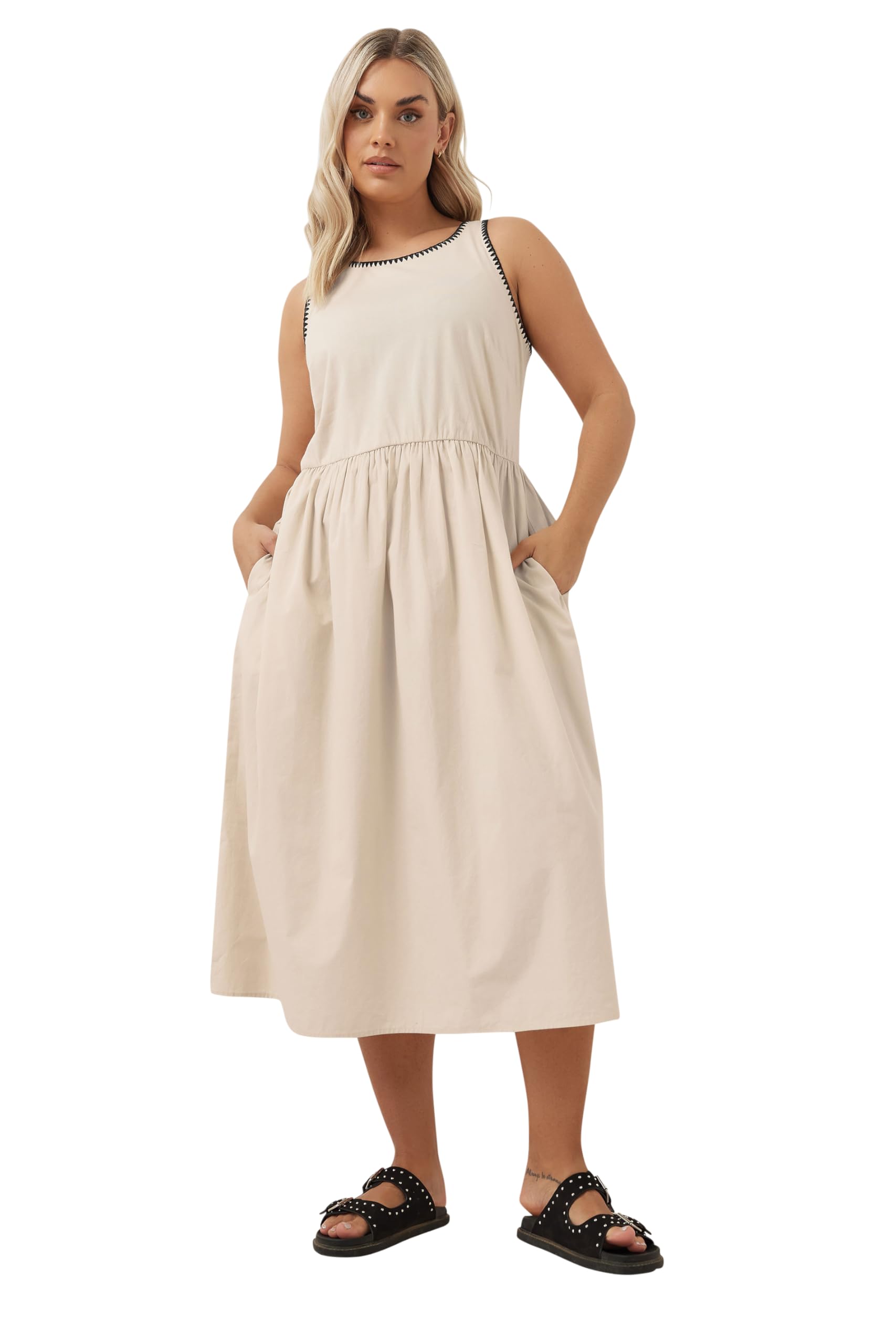 Yours Curve Brown Contrast Blanket Stitch Midi Dress - Women's - Plus Size Curve