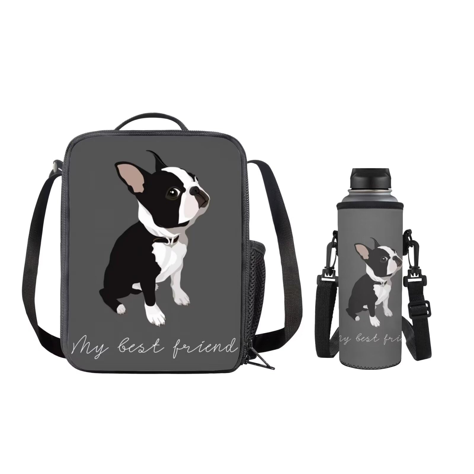 SEANATIVE Bulldog Kids Thermal Lunch Tote Box with Bottle Sling Holder for Office School Picnic Travel Portable Work Organizer