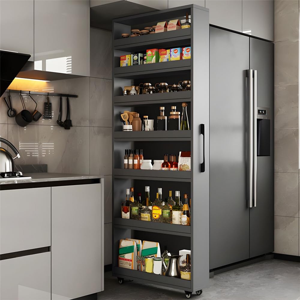 NIUYAO 7 Tier Standing-Shelf with Wheels Wooden Narrow Buffet Server Storage Shelf Freestanding Shelves Units for Home Kitchen Bakers Closet Pantry -