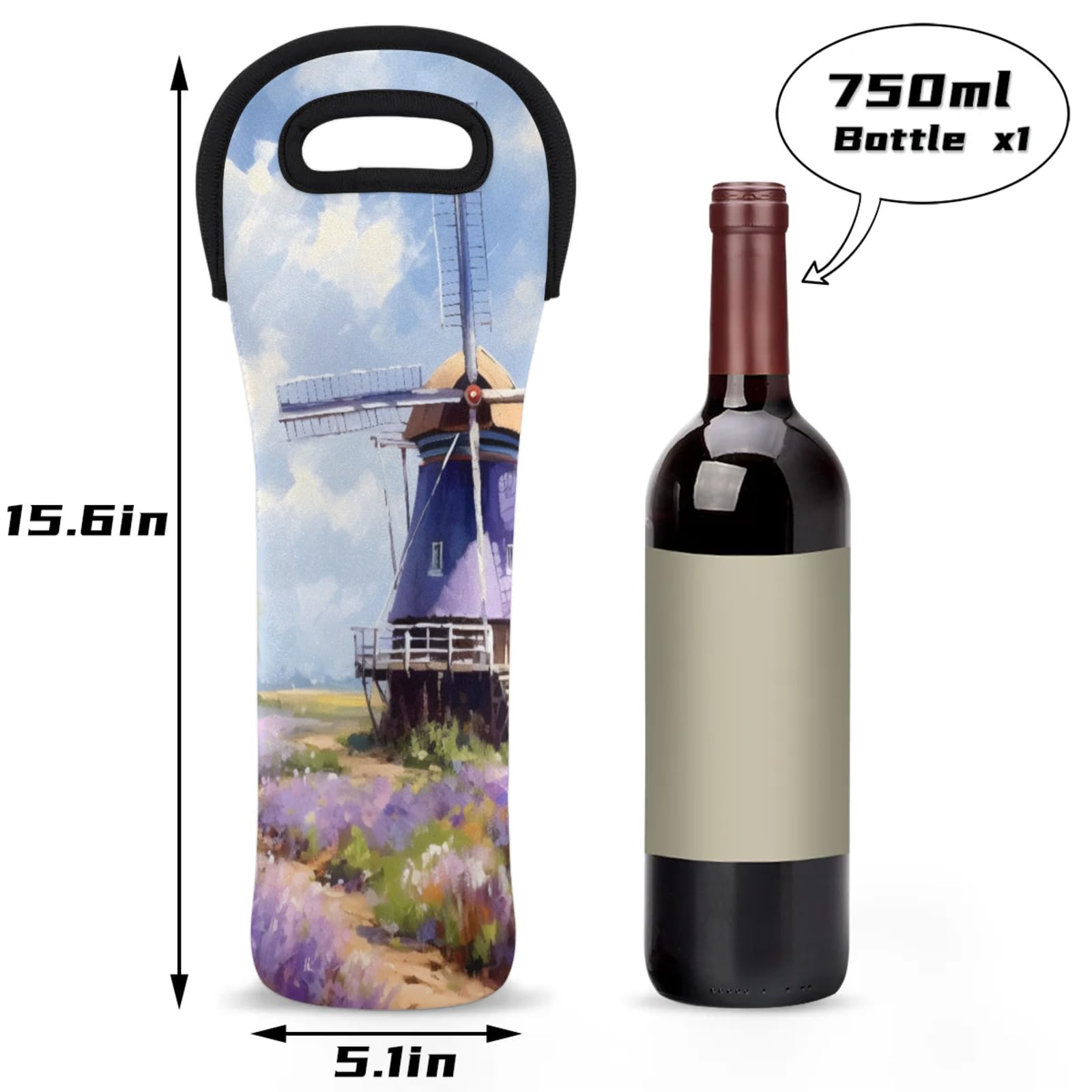 Neoprene Wine Tote Carrier Bag for Wine,Water, Champagne, Beer, Baby Bottles 15.6 x 5.1 Inches, Protective Wine Bag,Windmill