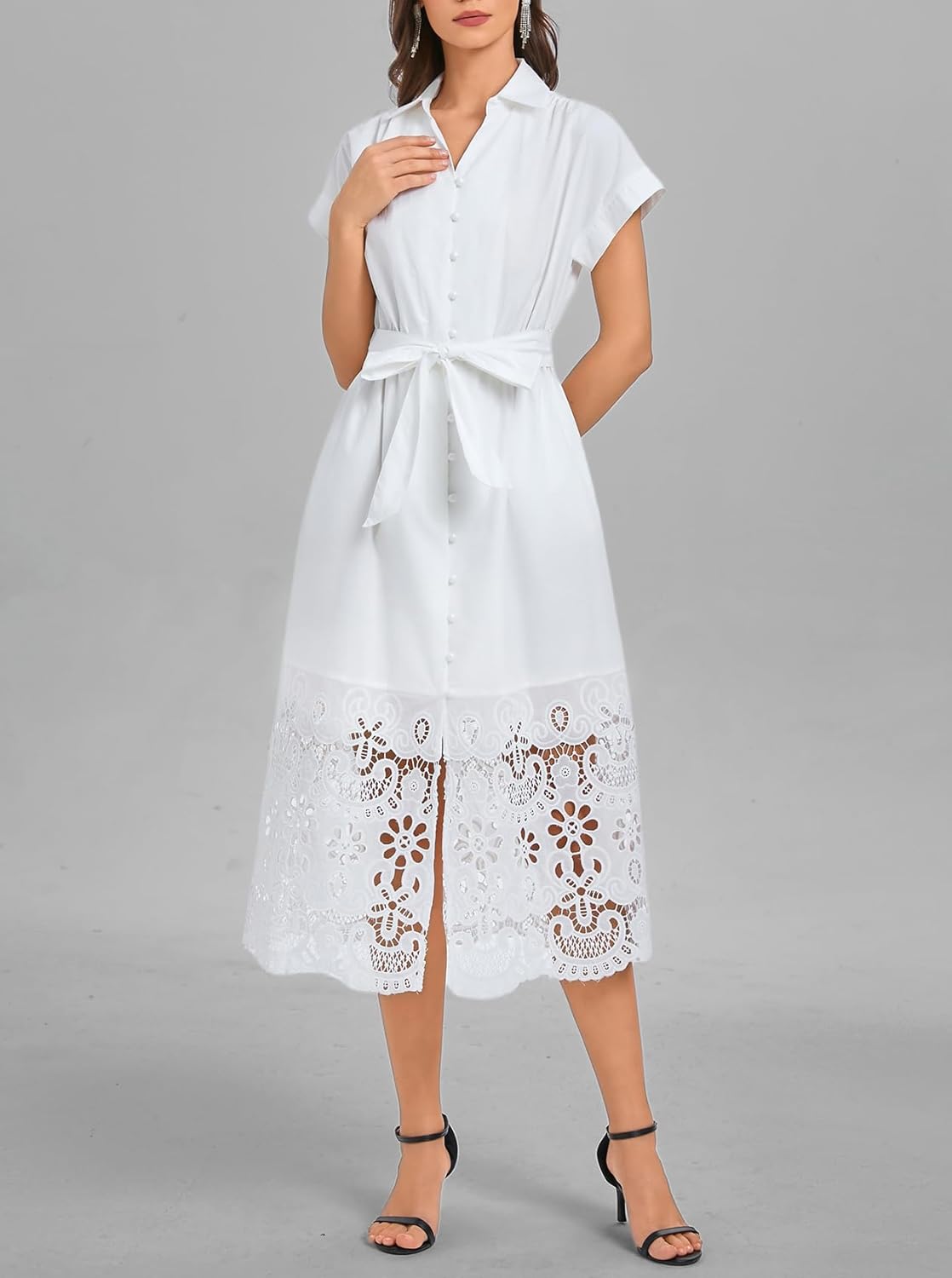 LLADYFUL Women's Button Down Shirt Dress Belted Short Sleeve Midi Dresses Hollow Collared Business Elegant A-Line Dress - Image 6