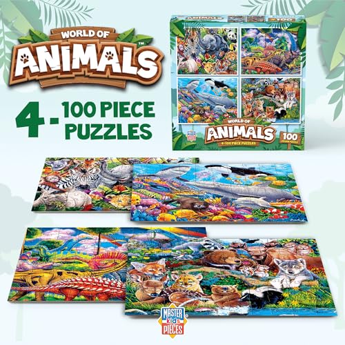 Image of MasterPieces Jigsaw Puzzle Set for Kids, 4-Pack of 100 Piece Puzzles, Educational Animal Theme, Fun Game, Gift Idea, 8 inch x 10 inch