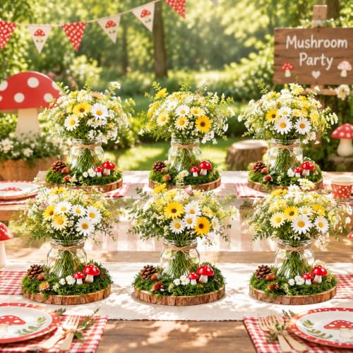 RattanView 6 Sets Woodland Centerpieces for Tables DIY Kit with Mason Jars Wood Slices Babysbreath Moss Acorns Pinecones Mushrooms Jute Twine for Woodland Party Table Decorations Home Decor