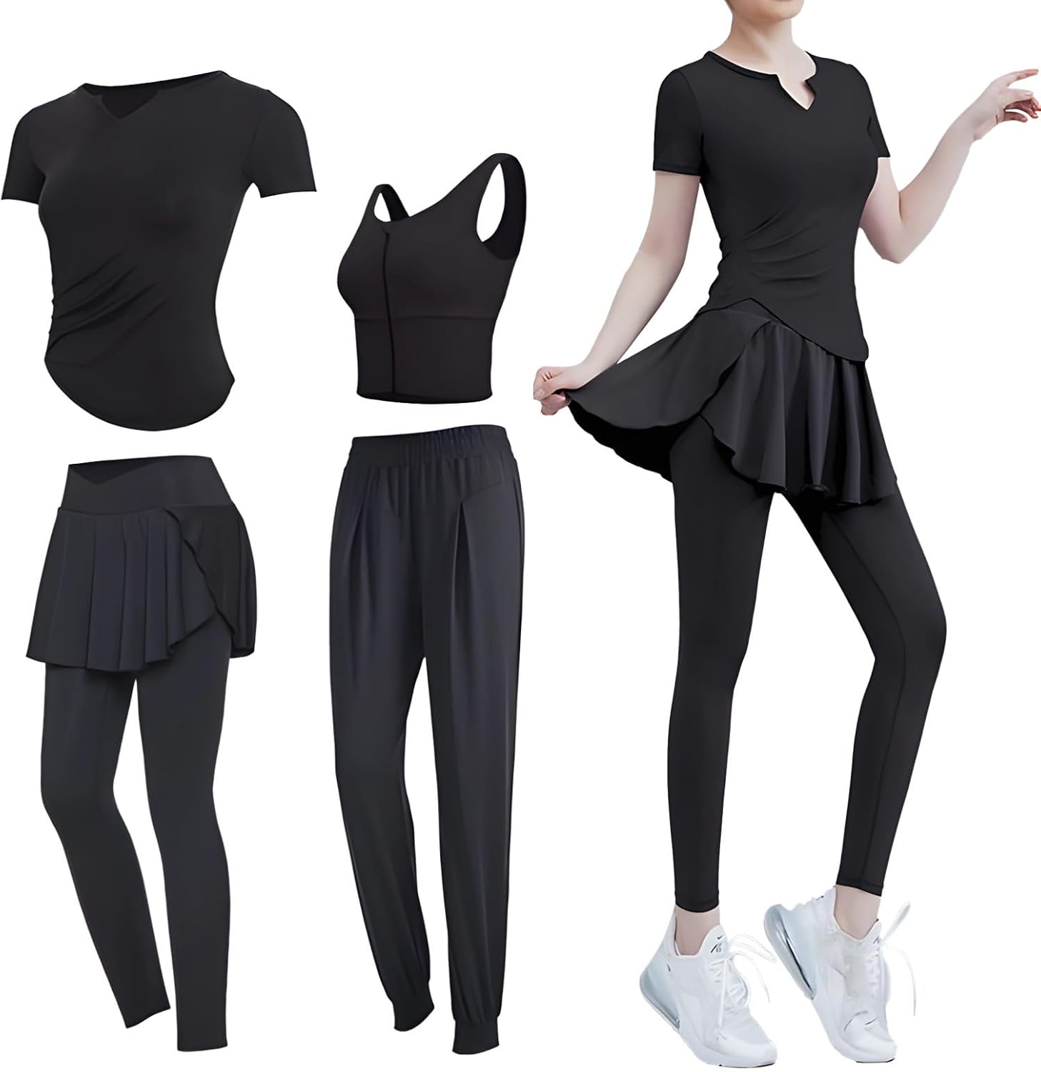 Vierteilige Workout-Kleidung für Damen, inklusive Yoga-BH, Tank, kurzärmeliges Oberteil, lockere und taillierte Hose, Größe XL für 61-68 kg, Schwarz , Einheitsgröße