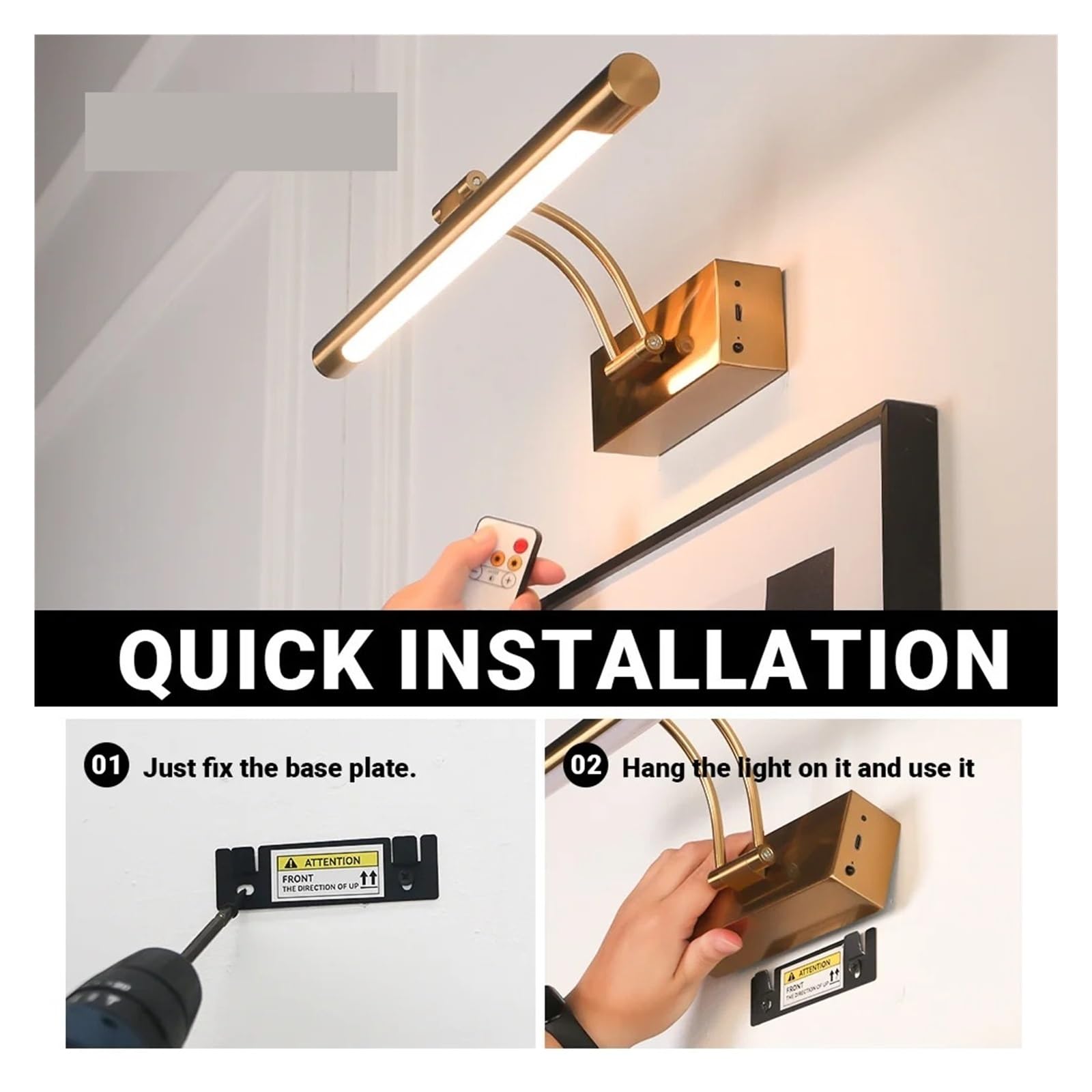 Luci Esposizione Per Quadri Lampada Da Parete A LED Ricaricabile Da 40 Cm, Lampada Da Quadro Con Telecomando, Luce Da Parete For Interni(Black)