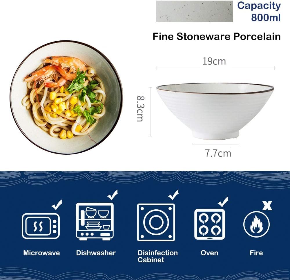 Genérico Tazón de Porcelana para Sopa de Fideos Ramen con Palillos y cucharas, 2 tazones japoneses Grandes de 800 ml para Pasta Udon Pho y ensaladas, tazones para Cereales y Fideos.
