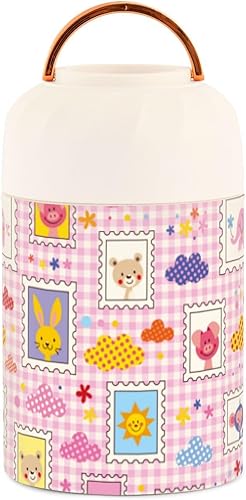Miniatura 1 de Lindo elefante oso conejo, flores rosadas, para niños y mujeres, tarro de comida aislado con cuchara de 17 oz16.9 fl oz, recipientes térmicos de
