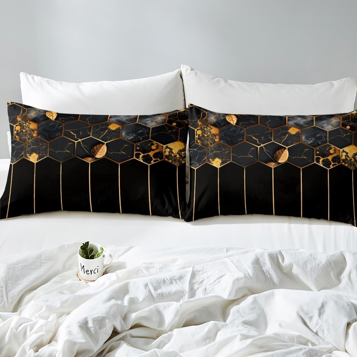 Marble Duvet Cover Queen, Black Grey Geometric Gold Plaid Bedding Set, Modern Luxury Diamond Comforter Cover with Metallic Stripe Printed Beehive Hexagon Grid Quilt Cover with Pillow Shams,Honeycomb