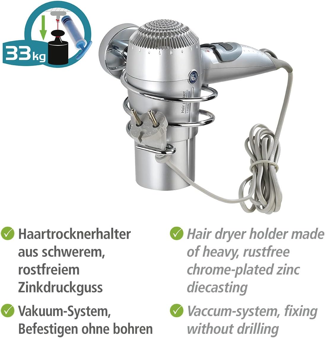 WENKO Vacuum-Loc Hair Dryer Holder supporting 33kg weight