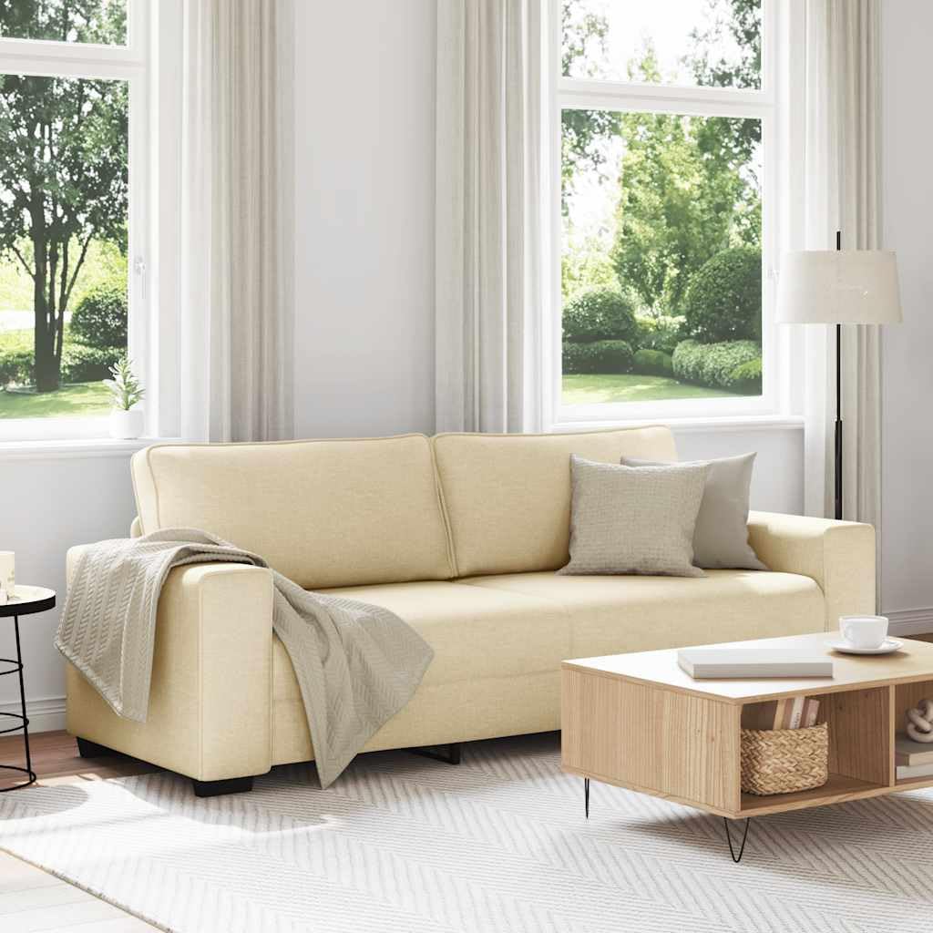 Sofa 3-osobowa, kremowa, 180 cm, miękki materiał poliestrowy, wytrzymały drewniany stelaż, szerokie podłokietniki, przytulna kanapa do salonu, wytrzymały mebel do salonu