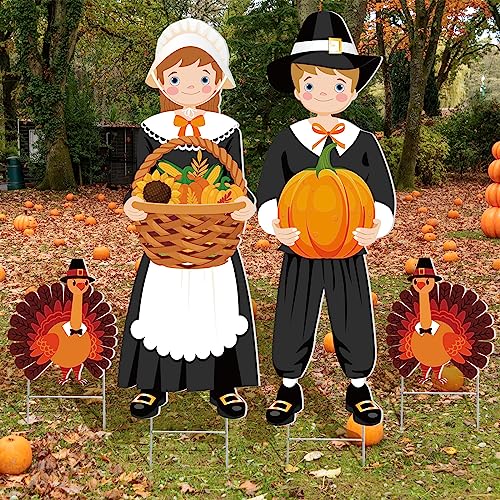Geetery 4 Pieces Fall Scarecrow Yard Stake Scarecrow Porch Sign with Stakes Rustic Turkey Thanksgiving Pilgrim Yard Decorations Pumpkin Harvest Scarecrow for Autumn Outdoor Lawn Supplies (Pilgrim)
