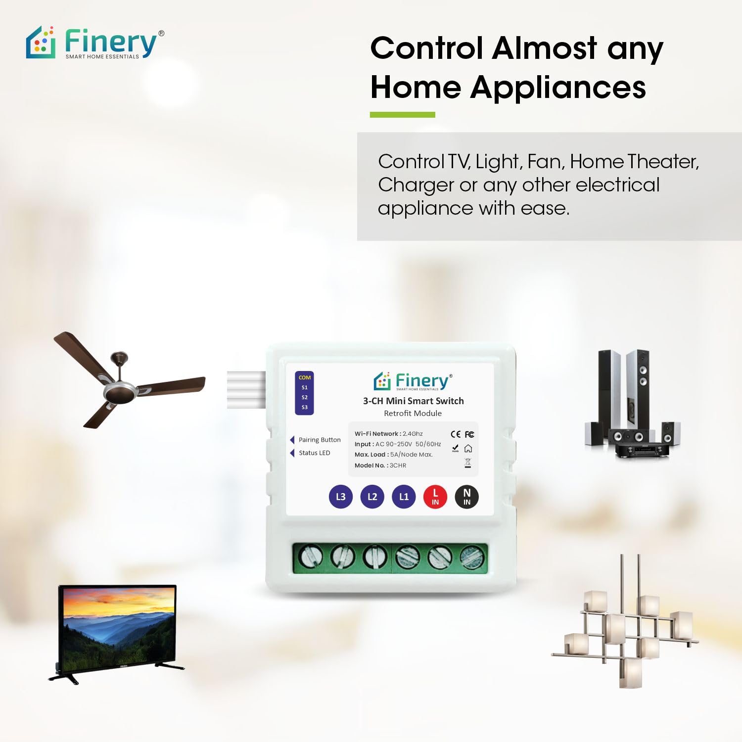 Finery 3 Node WiFi Smart Switch Retrofit Kit Supports Manual switches Compatible with Alexa & Google Home iOS and Android Smart Life app (3 Node/Gang) 2
