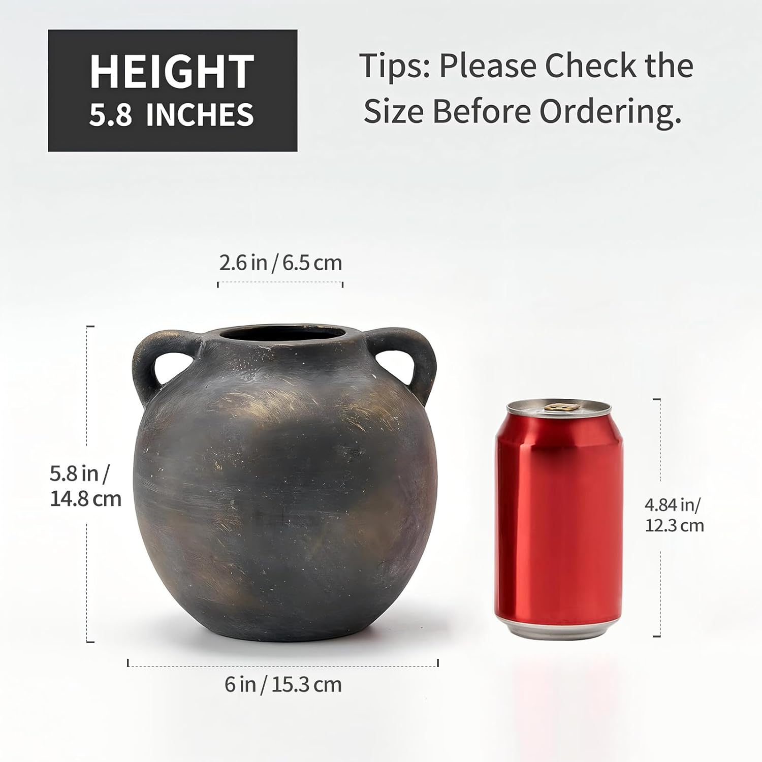 Ceramic Rustic Vase for Home Decor, 5.8 Inch Terracotta with Handles, Vintage Decorative for Flowers, Plants, Living Room, Table, Thanksgiving - Black Bronze - Image 2